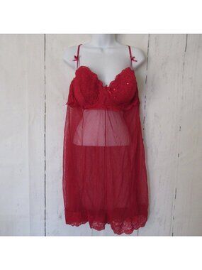 Cacique Nightgown 22 24 Red Lace Bow Nightie Sheer Underwire Sexy